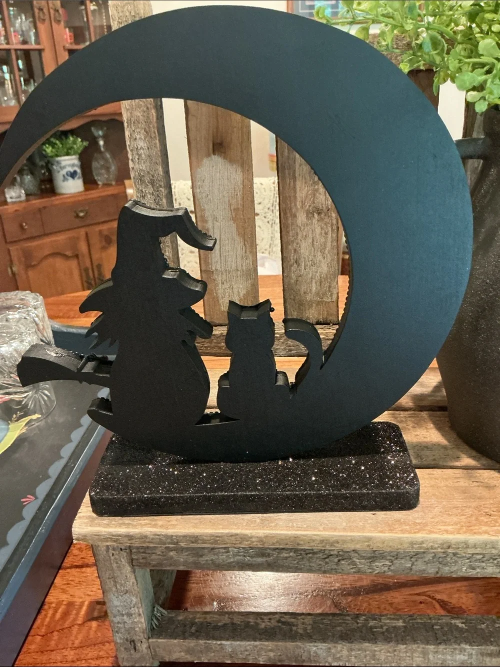 Halloween Beaded and Glitter Witch and Cat On a Moon Tabletop Decor